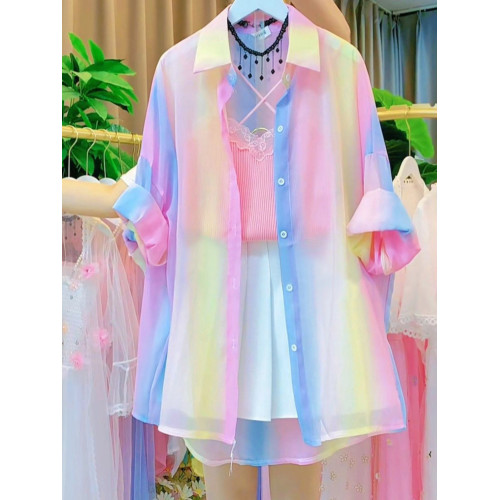 法式時尚彩虹冰絲防曬衣女2026夏款顯瘦雪紡襯衣薄款防曬開衫外套