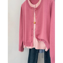 廣州十三行女裝高級歐貨樹莓粉色假兩件針織開衫玫紅毛衣外套秋冬