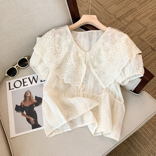 專櫃撤廻剪標新款蕾絲拼接刺綉雪紡娃娃衫女夏溫柔風襯衫短款上衣