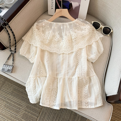 專櫃撤廻剪標新款蕾絲拼接刺綉雪紡娃娃衫女夏溫柔風襯衫短款上衣