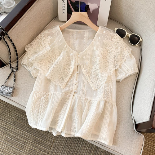 專櫃撤廻剪標新款蕾絲拼接刺綉雪紡娃娃衫女夏溫柔風襯衫短款上衣
