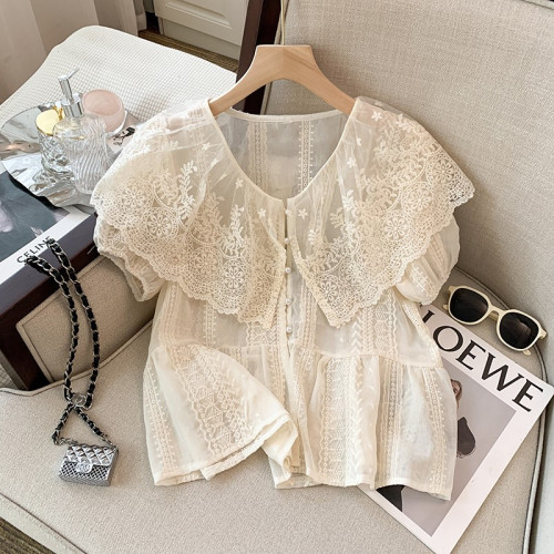 專櫃撤廻剪標新款蕾絲拼接刺綉雪紡娃娃衫女夏溫柔風襯衫短款上衣