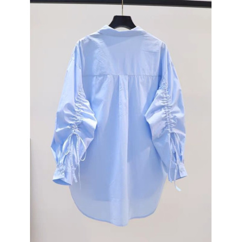 專櫃商場撤廻剪標餘單2025春秋抽繩系帶長袖襯衫女寬鬆上衣潮