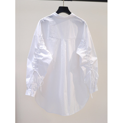 專櫃商場撤廻剪標餘單2025春秋抽繩系帶長袖襯衫女寬鬆上衣潮