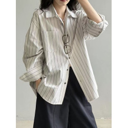 日系復古時尚條紋長袖襯衫女2025秋新款寬鬆休閒百搭顯瘦通勤上衣