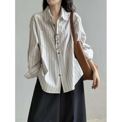 日系復古時尚條紋長袖襯衫女2025秋新款寬鬆休閒百搭顯瘦通勤上衣