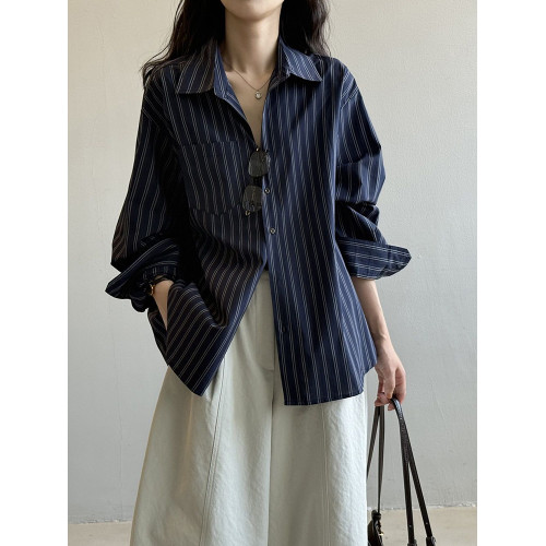 日系復古時尚條紋長袖襯衫女2025秋新款寬鬆休閒百搭顯瘦通勤上衣