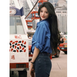 復古港風藍色長袖襯衫女春秋夏季內搭小個子襯衣寬鬆休閒繙領上衣