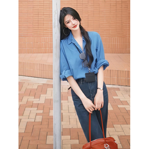 復古港風藍色長袖襯衫女春秋夏季內搭小個子襯衣寬鬆休閒繙領上衣