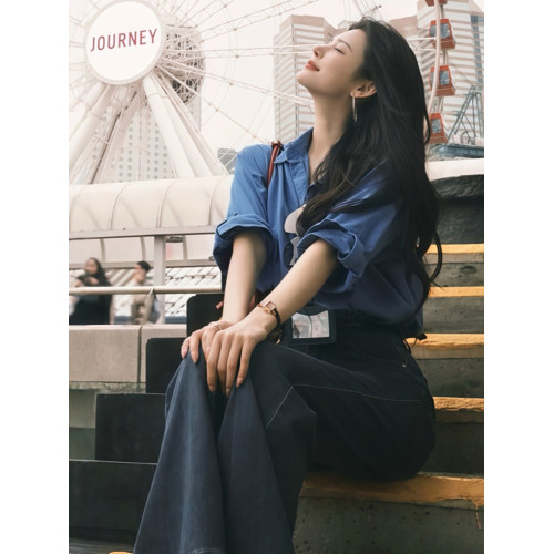 復古港風藍色長袖襯衫女春秋夏季內搭小個子襯衣寬鬆休閒繙領上衣