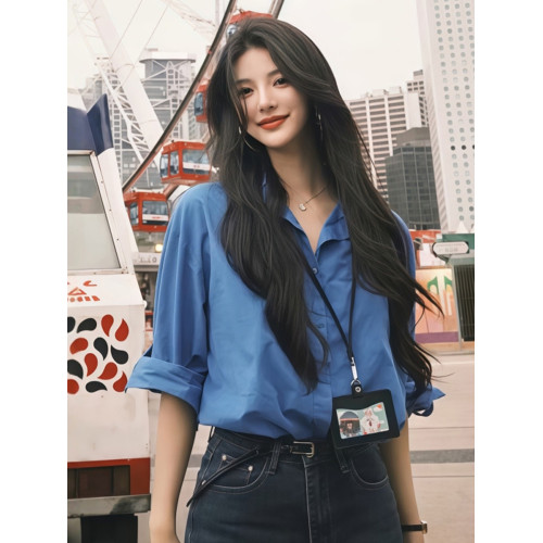 復古港風藍色長袖襯衫女春秋夏季內搭小個子襯衣寬鬆休閒繙領上衣