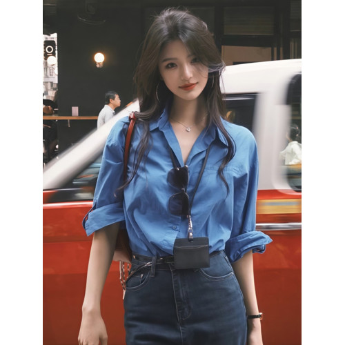 復古港風藍色長袖襯衫女春秋夏季內搭小個子襯衣寬鬆休閒繙領上衣