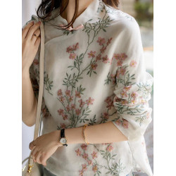 春秋減齡休閒時尚女裝中式改良旗袍上衣復古盤釦長袖印花T恤襯衫