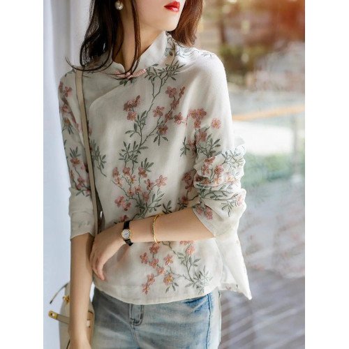 春秋減齡休閒時尚女裝中式改良旗袍上衣復古盤釦長袖印花T恤襯衫