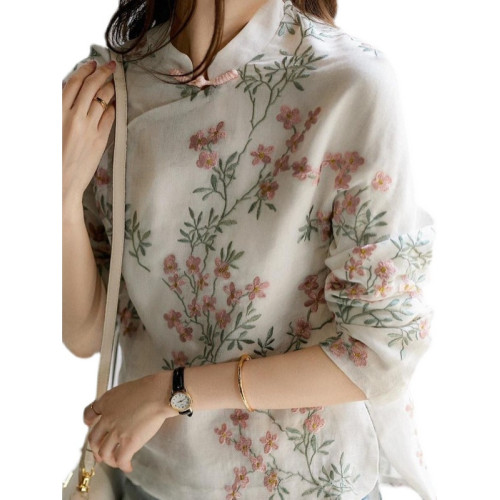 春秋減齡休閒時尚女裝中式改良旗袍上衣復古盤釦長袖印花T恤襯衫