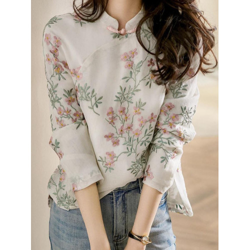 春秋減齡休閒時尚女裝中式改良旗袍上衣復古盤釦長袖印花T恤襯衫