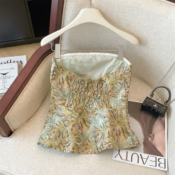 專櫃撤廻剪標韓系辣妹一字肩抹胸女夏季新款復古提花內搭收腰背心