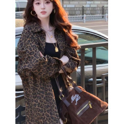 港風復古豹紋牛仔襯衫外套女秋冬新款美式寬鬆中長款開衫加絨上衣