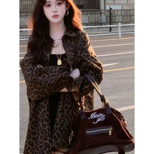 港風復古豹紋牛仔襯衫外套女秋冬新款美式寬鬆中長款開衫加絨上衣