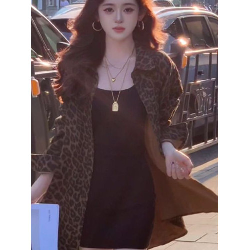 港風復古豹紋牛仔襯衫外套女秋冬新款美式寬鬆中長款開衫加絨上衣