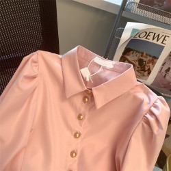 大牌買手店高級感粉色金釦泡泡袖襯衫女夏新款韓版溫柔名媛風襯衣