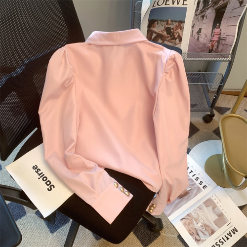 大牌買手店高級感粉色金釦泡泡袖襯衫女夏新款韓版溫柔名媛風襯衣