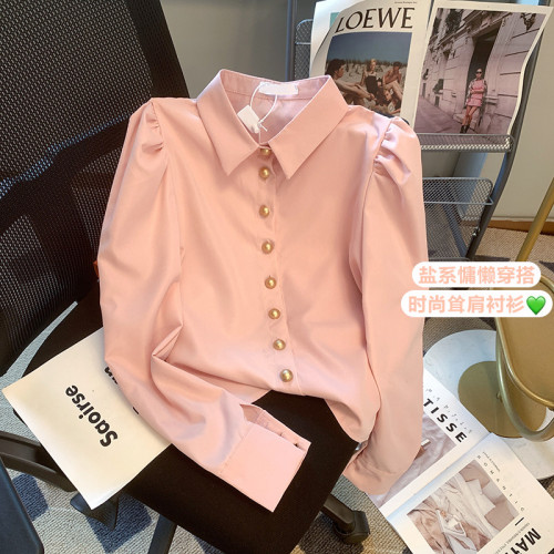 大牌買手店高級感粉色金釦泡泡袖襯衫女夏新款韓版溫柔名媛風襯衣