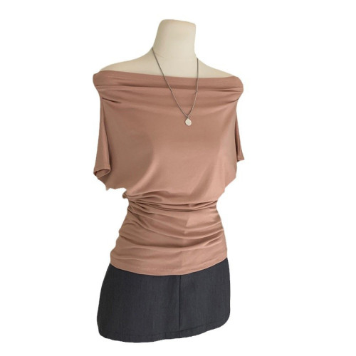 認真賣 斜肩收腰t恤隨性慵懶風氣質百搭時髦短袖一字領上衣女上衣