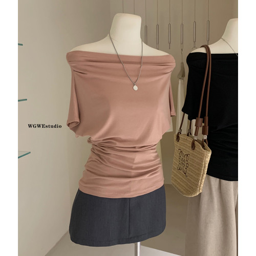 認真賣 斜肩收腰t恤隨性慵懶風氣質百搭時髦短袖一字領上衣女上衣