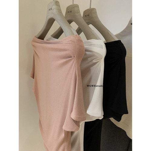 認真賣 斜肩收腰t恤隨性慵懶風氣質百搭時髦短袖一字領上衣女上衣