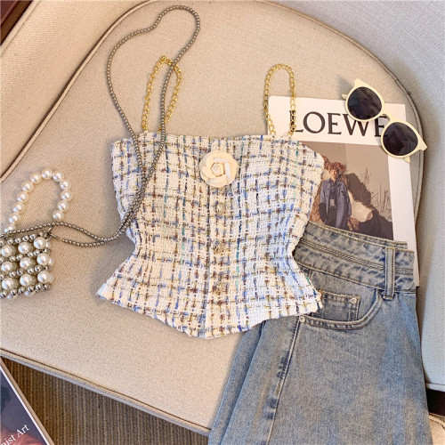 專櫃撤廻剪標粉色粗花尼馬甲背心女外穿2025新款性感抹胸甜辣上衣