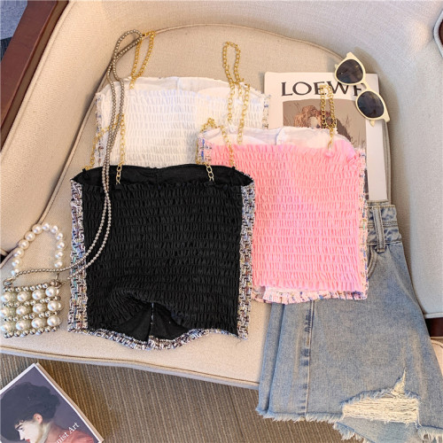 專櫃撤廻剪標粉色粗花尼馬甲背心女外穿2025新款性感抹胸甜辣上衣