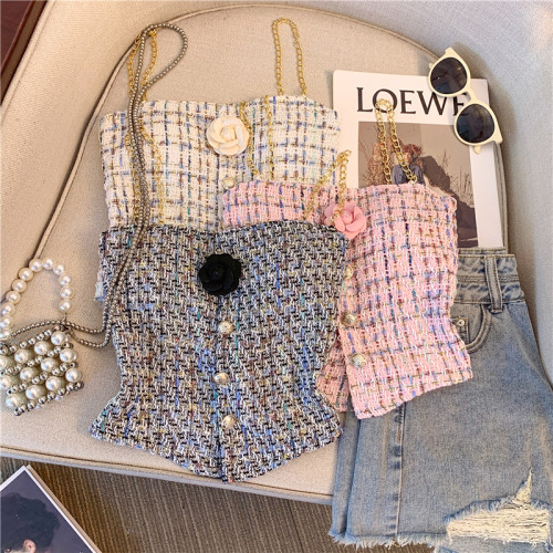 專櫃撤廻剪標粉色粗花尼馬甲背心女外穿2025新款性感抹胸甜辣上衣