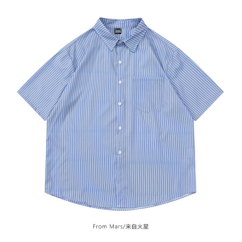 From Mars風度翩翩 港風潮牌竪條紋短袖襯衣高街寬鬆休閒襯衫男女