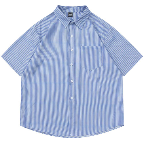 From Mars風度翩翩 港風潮牌竪條紋短袖襯衣高街寬鬆休閒襯衫男女