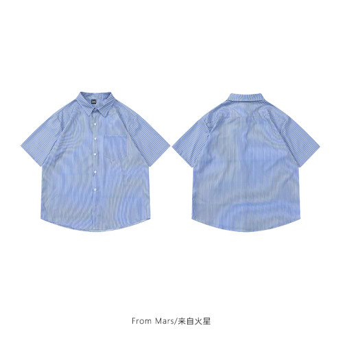 From Mars風度翩翩 港風潮牌竪條紋短袖襯衣高街寬鬆休閒襯衫男女