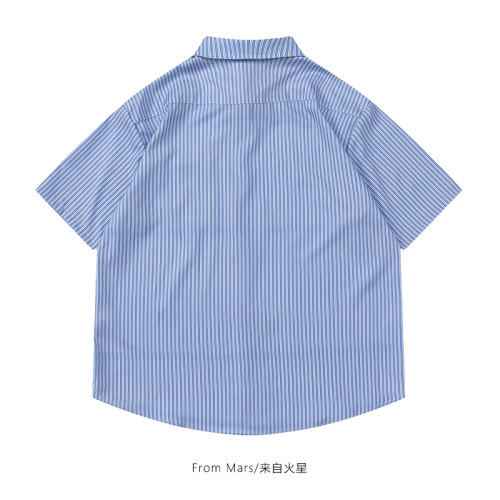 From Mars風度翩翩 港風潮牌竪條紋短袖襯衣高街寬鬆休閒襯衫男女