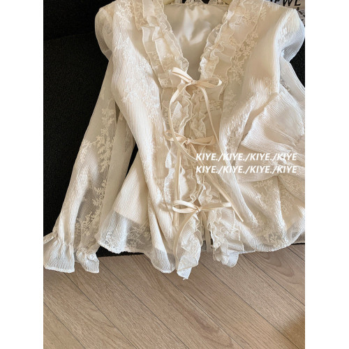 南油高級女裝爆款_春時尚法式溫柔風系帶木耳邊蕾絲雪紡襯衫