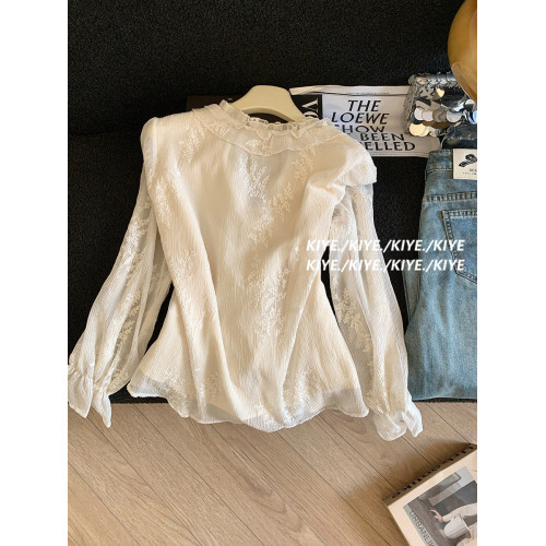 南油高級女裝爆款_春時尚法式溫柔風系帶木耳邊蕾絲雪紡襯衫