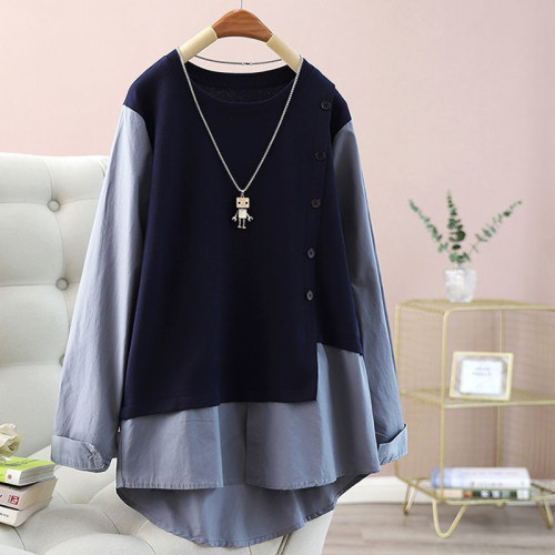 特大碼300斤長袖寬鬆遮肉顯瘦針織上衣女假兩件拼接休閒洋氣襯衫2