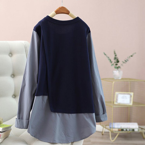 特大碼300斤長袖寬鬆遮肉顯瘦針織上衣女假兩件拼接休閒洋氣襯衫2