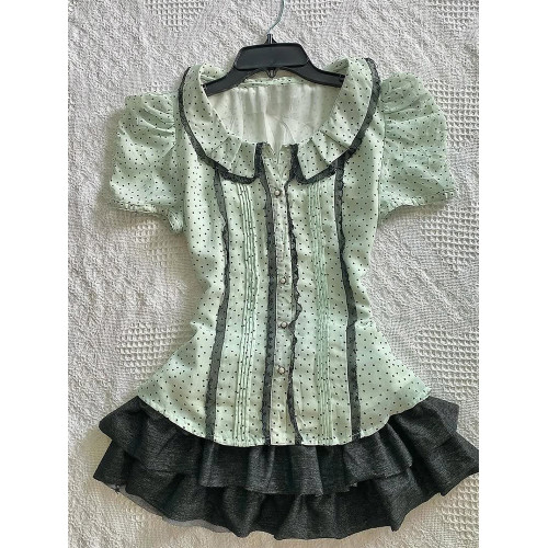 半眠少女 原創復古設計感綠色波點襯衫女夏季氣質顯瘦超好看上衣