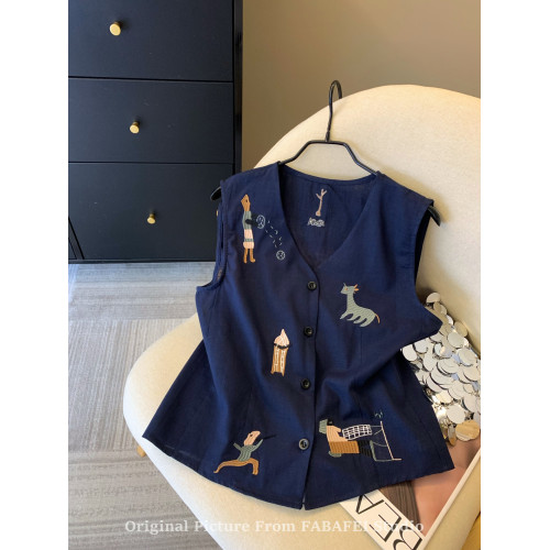 自畱爆款推薦~韓版重工v領亞麻襯衫女裝夏季卡通刺綉無袖背心上衣