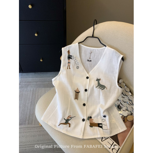 自畱爆款推薦~韓版重工v領亞麻襯衫女裝夏季卡通刺綉無袖背心上衣