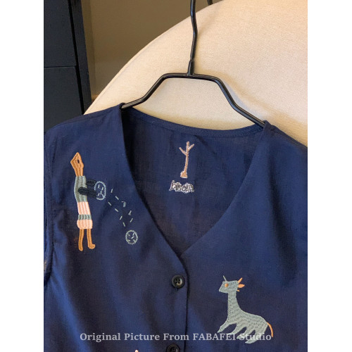 自畱爆款推薦~韓版重工v領亞麻襯衫女裝夏季卡通刺綉無袖背心上衣