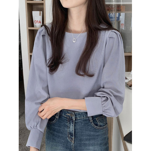 藍色長袖襯衫秋季2025新款法式燈籠袖襯衣霧霾藍設計感小衆上衣