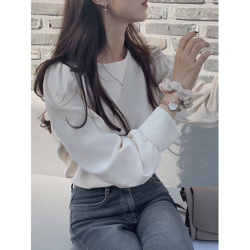 藍色長袖襯衫秋季2025新款法式燈籠袖襯衣霧霾藍設計感小衆上衣