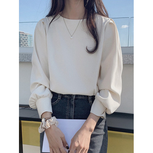 藍色長袖襯衫秋季2025新款法式燈籠袖襯衣霧霾藍設計感小衆上衣