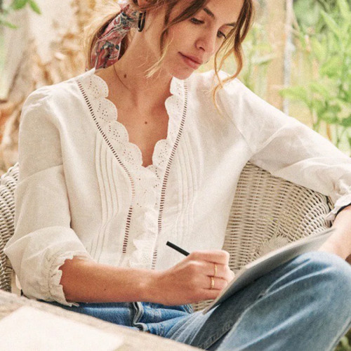 se春夏新款精美刺綉花邊V領麻棉七分袖白色小清新襯衫