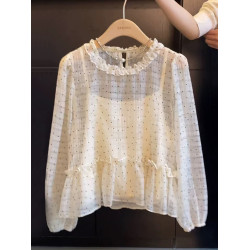 自畱款推薦~超好看韓系高級感波點娃娃衫女春夏花邊雪紡襯衫上衣